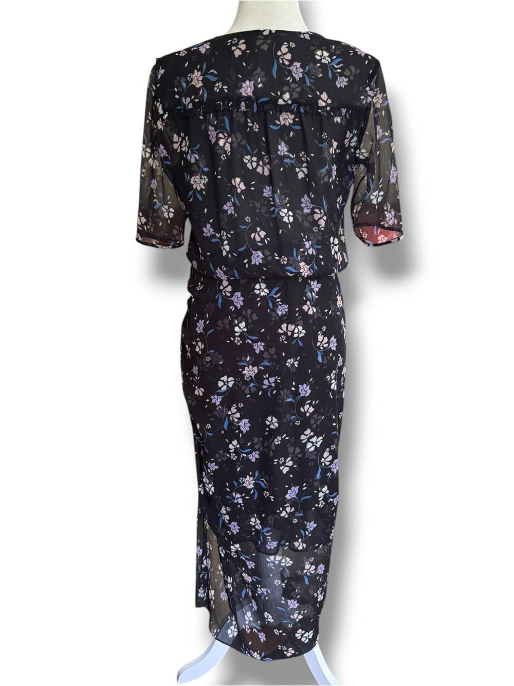 Veronica Beard Silk Mariposa Black Floral Semi Sheer Ruched Midi Dress Sz 8 - Picture 9 of 14